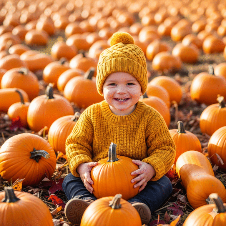Małe dziecko siedzące na farmie dyniowej w Warszawie, otoczone dyniami.