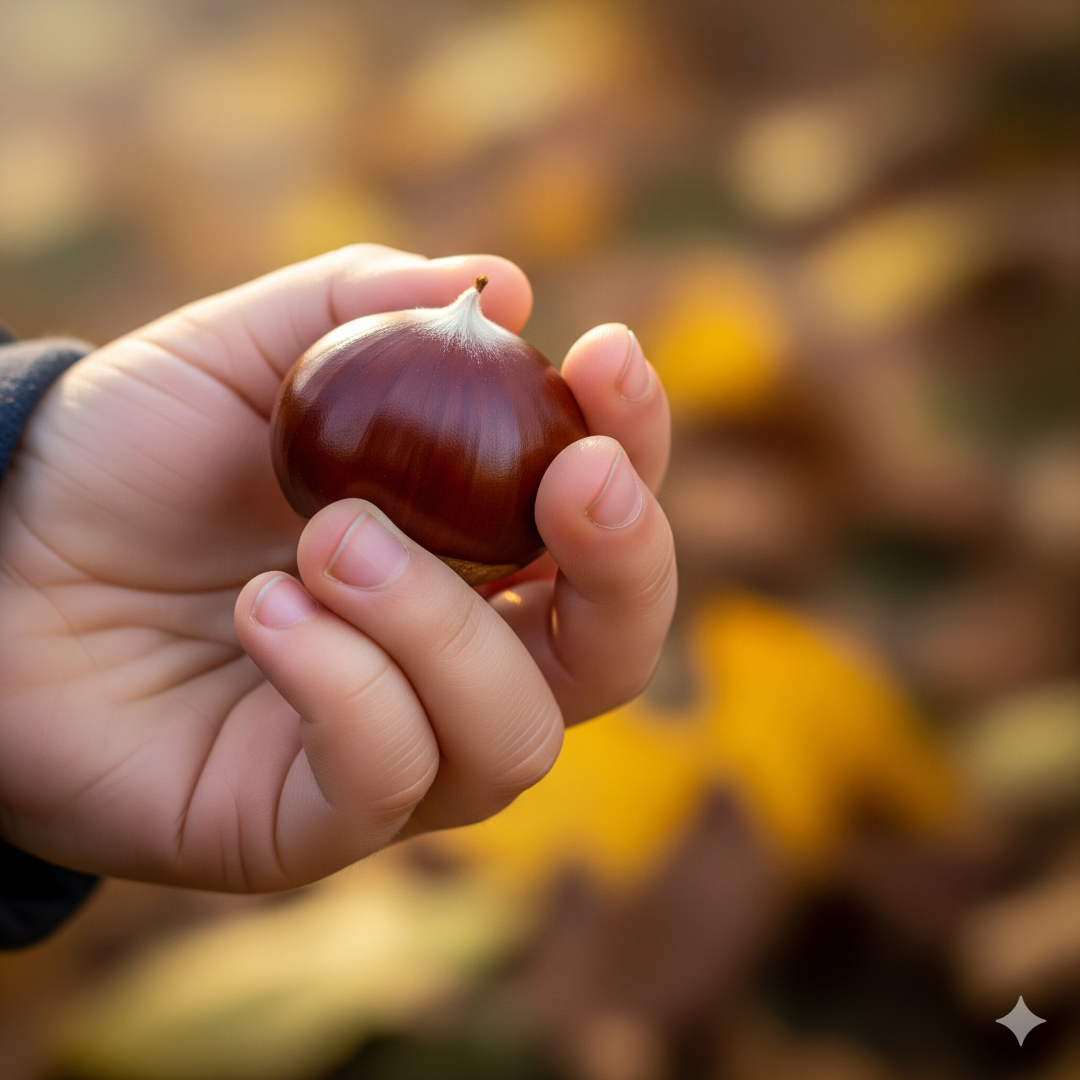 Dziecko trzymające w dłoni kasztana na tle jesiennych liści.
