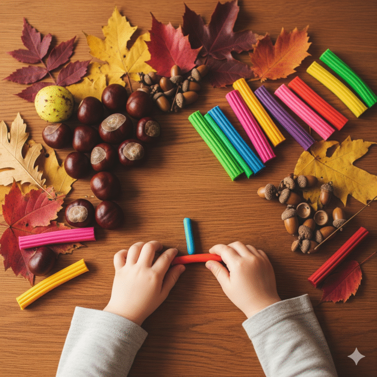 Dziecięce rączki tworzące jesienne ozdoby z kasztanów, liści i plasteliny na drewnianym stole.