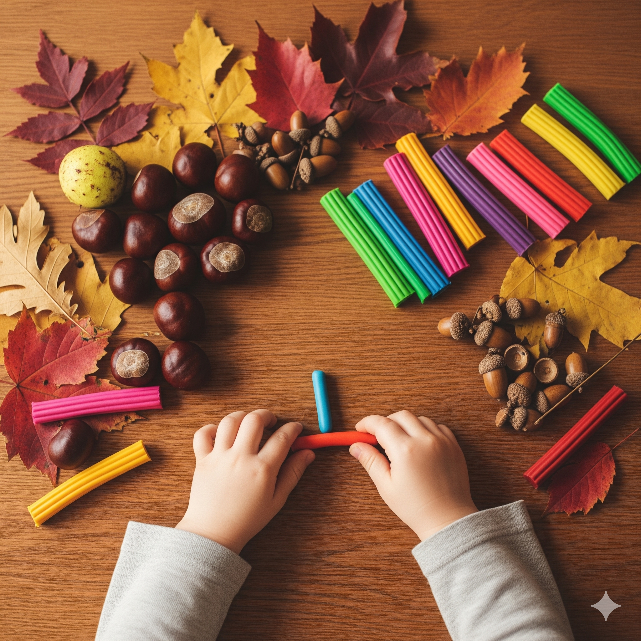 Dziecięce rączki tworzące jesienne ozdoby z kasztanów, liści i plasteliny na drewnianym stole.