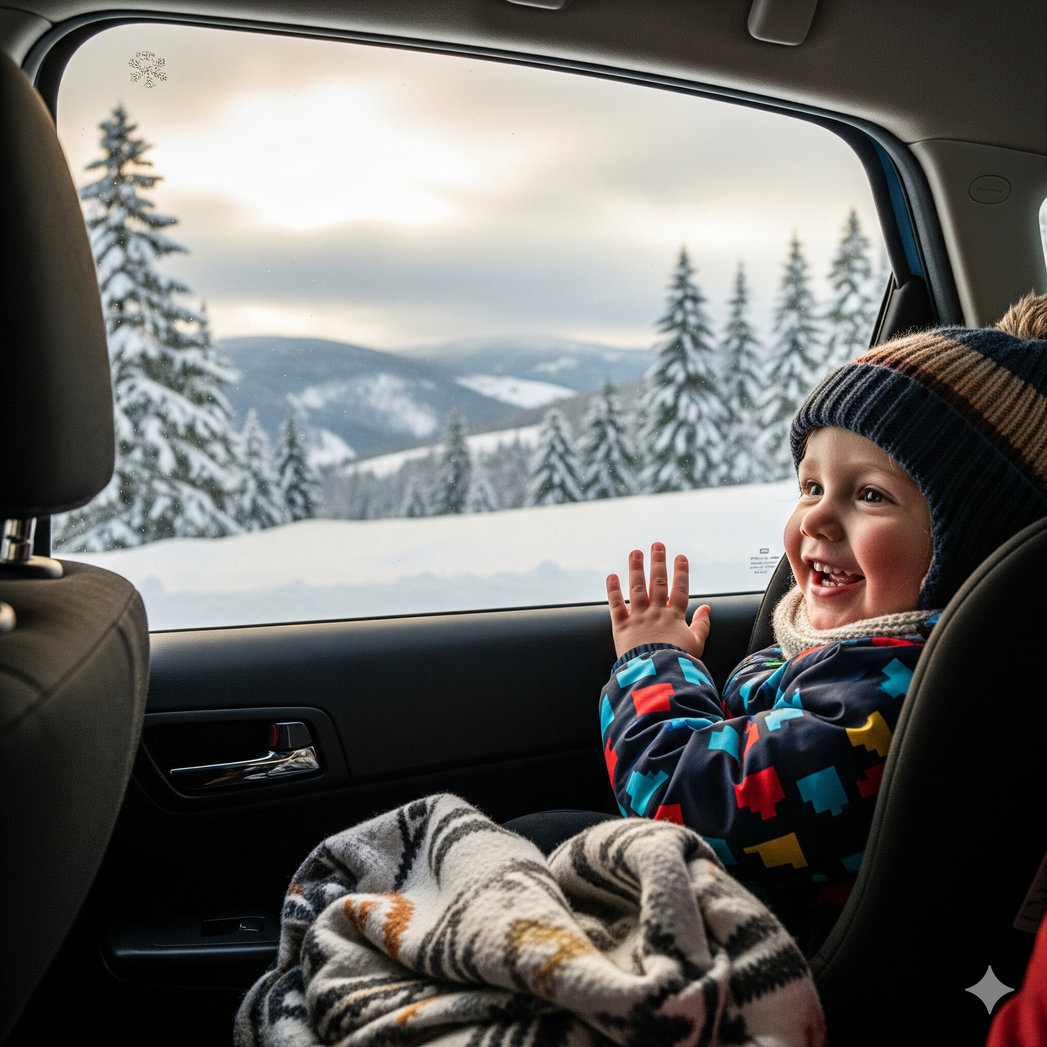 Szczęśliwe dziecko w foteliku samochodowym podczas zimowej podróży