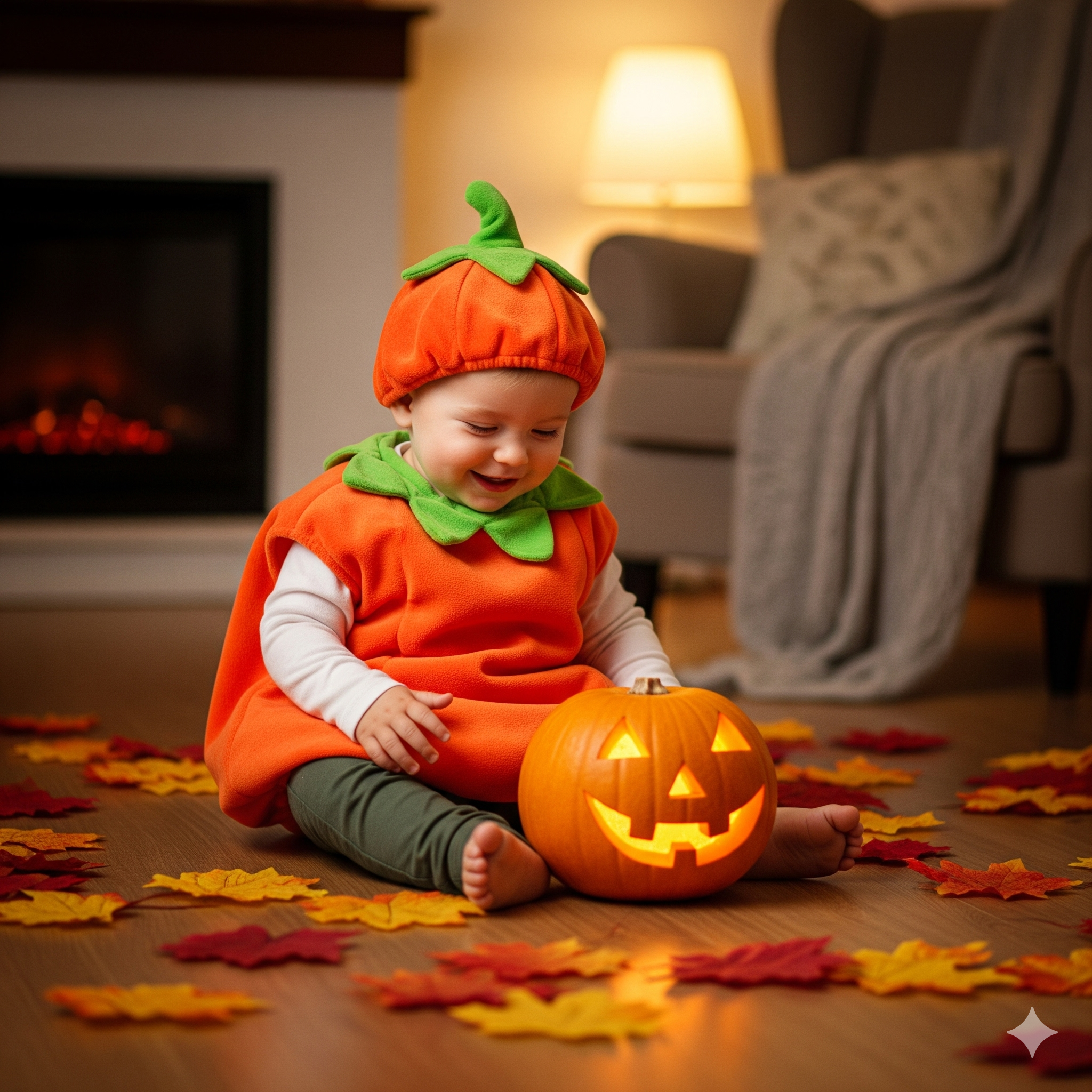 Małe dziecko w uroczym kostiumie dyni na Halloween, bawiące się w domu.