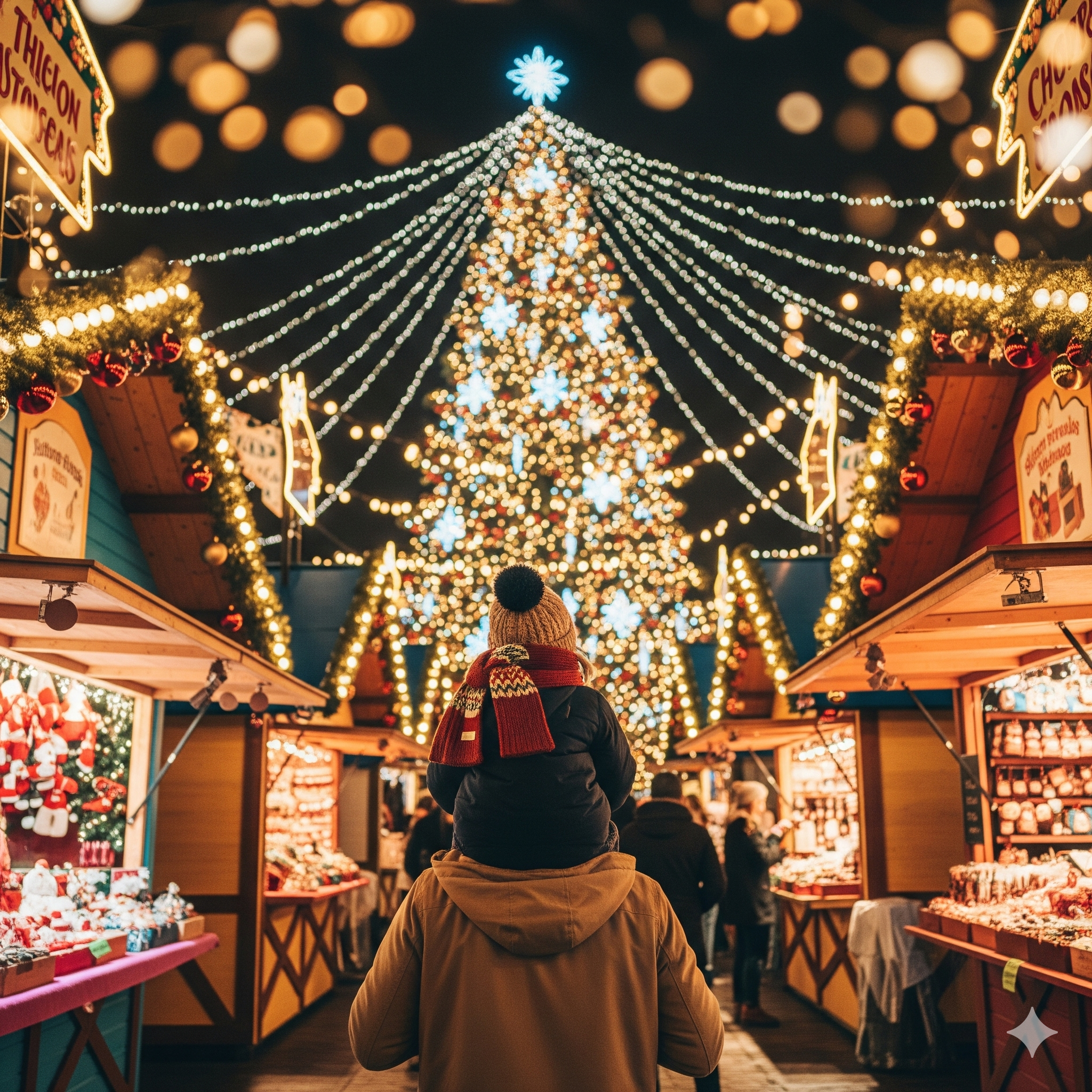 Rodzic z dzieckiem na ramionach podziwiający oświetloną choinkę na Jarmarku Bożonarodzeniowym w Warszawie