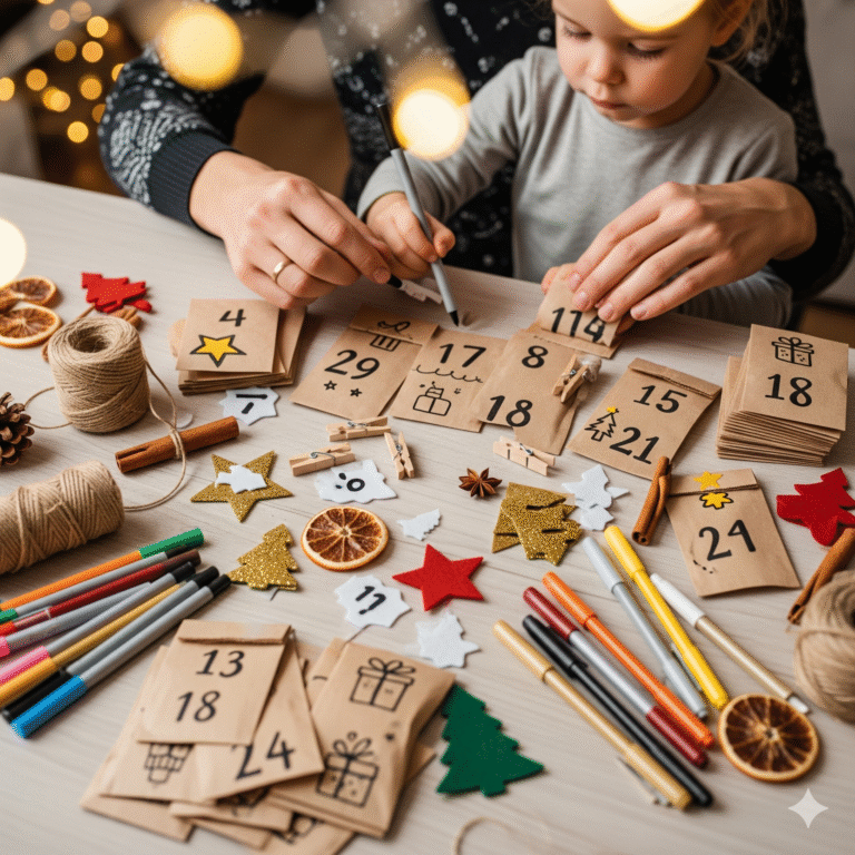 Dziecko i rodzic wspólnie tworzący kalendarz adwentowy z papierowych torebek.