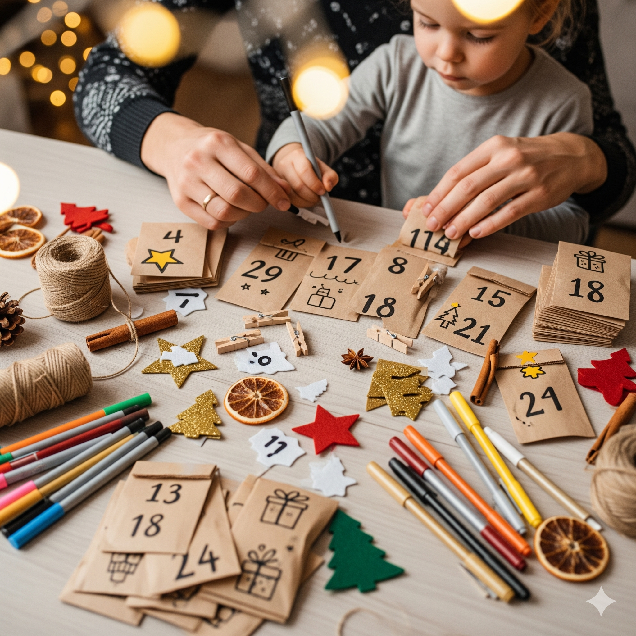 Dziecko i rodzic wspólnie tworzący kalendarz adwentowy z papierowych torebek.