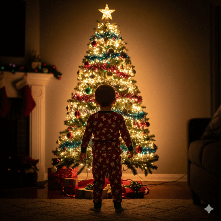 Małe dziecko w świątecznej piżamie podziwiające rozświetloną choinkę