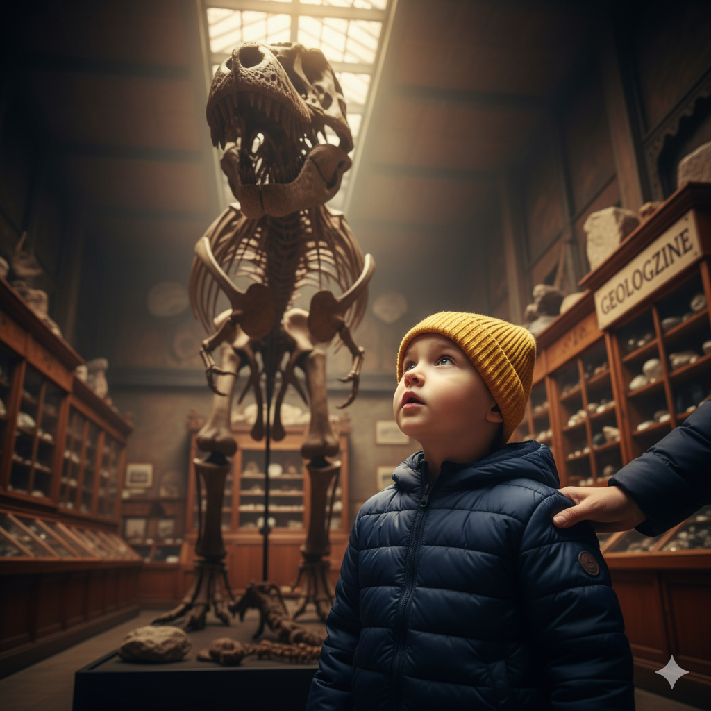 Małe dziecko podziwiające wielki szkielet dinozaura w Muzeum Geologicznym w Warszawie.