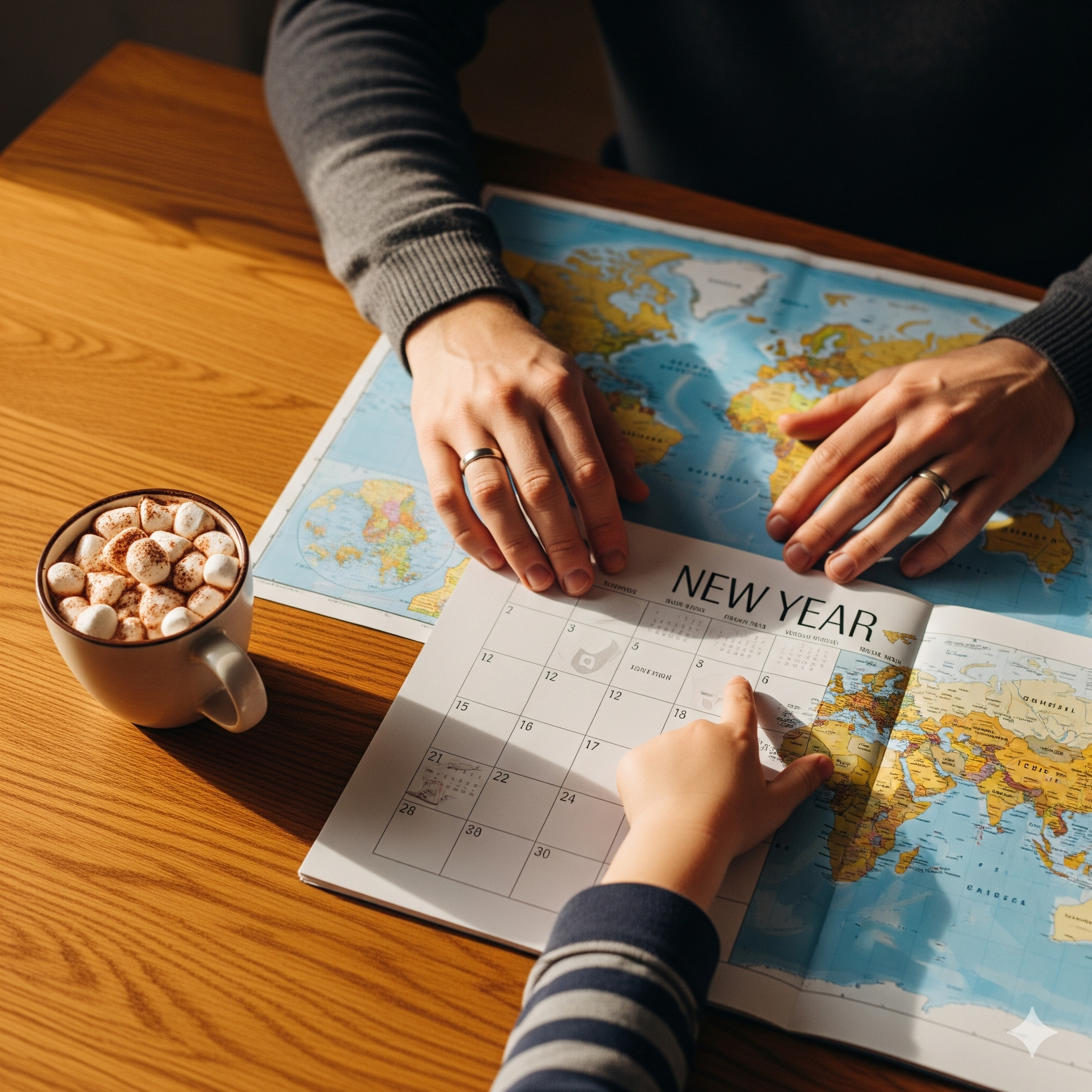 Rodzina planująca podróże na nowy rok przy użyciu mapy i kalendarza