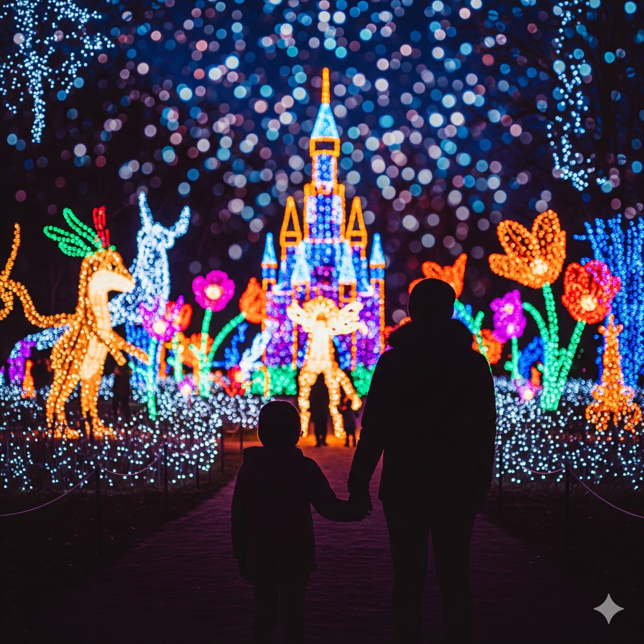 Sylwetka rodzica i dziecka podziwiających kolorowe iluminacje w Ogrodzie Świateł