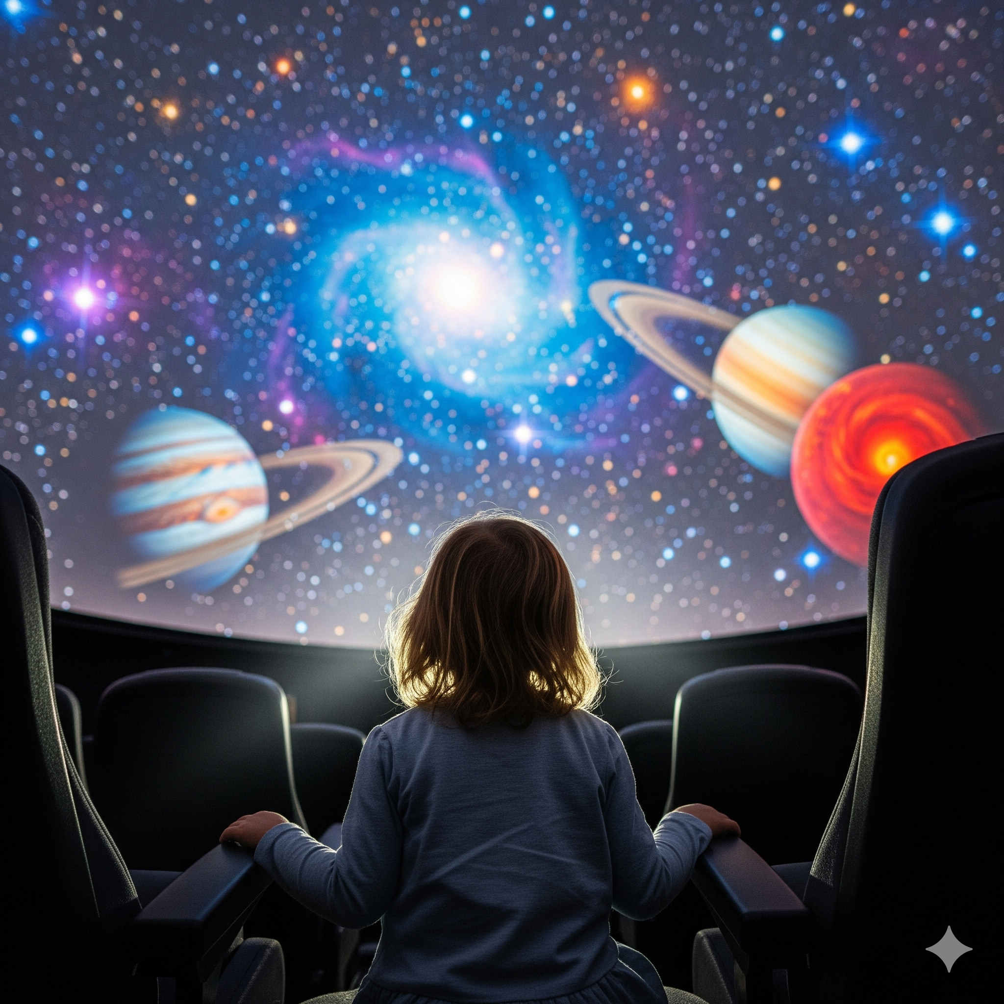 Dziecko w planetarium z zachwytem oglądające projekcję gwiazd i galaktyk.