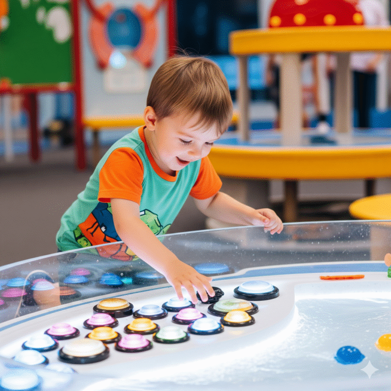 Dziecko bawiące się przy interaktywnym stole wodnym w centrum zabawy Smart Kids Planet w Warszawie.
