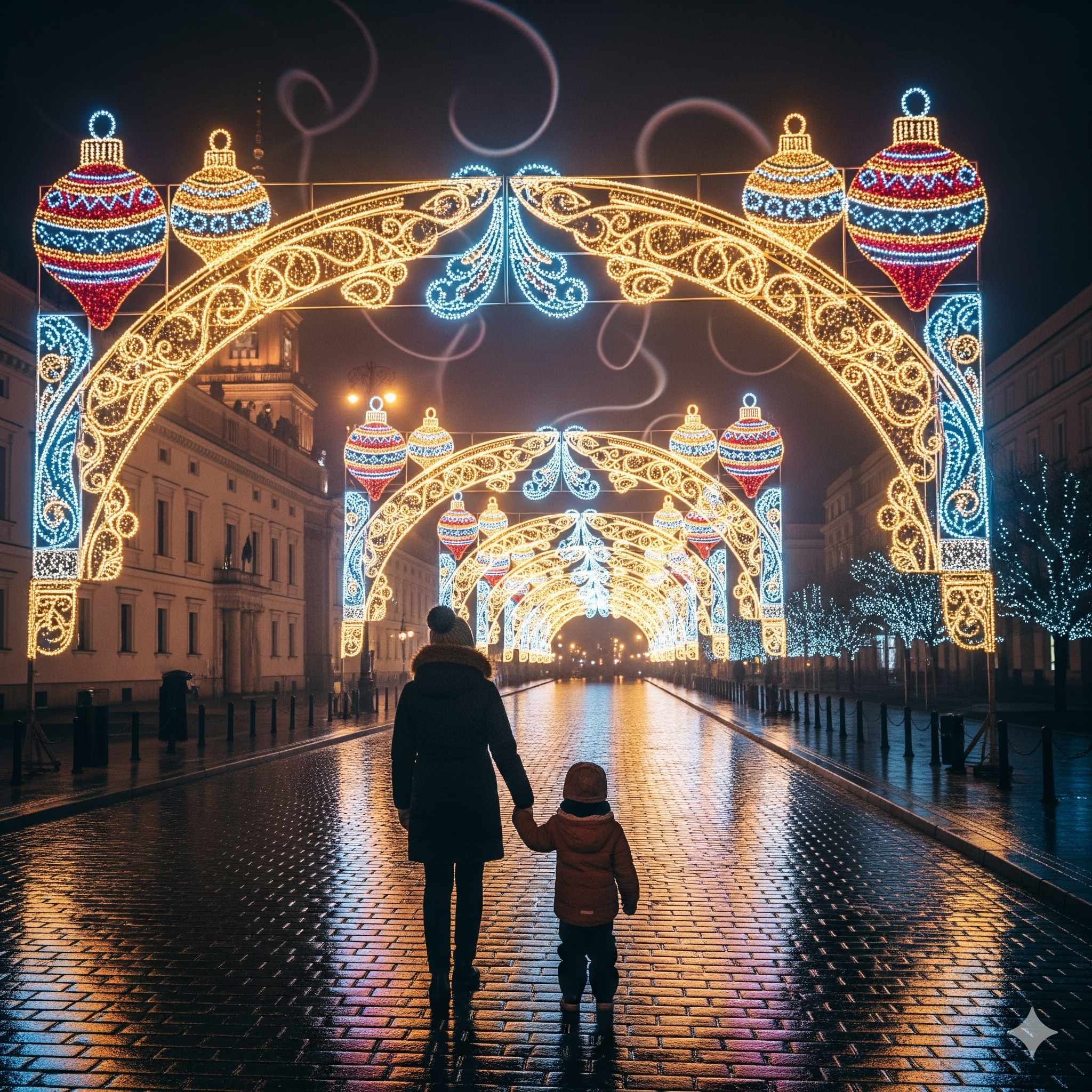 Rodzic z dzieckiem na spacerze po świątecznie oświetlonym Trakcie Królewskim w Warszawie