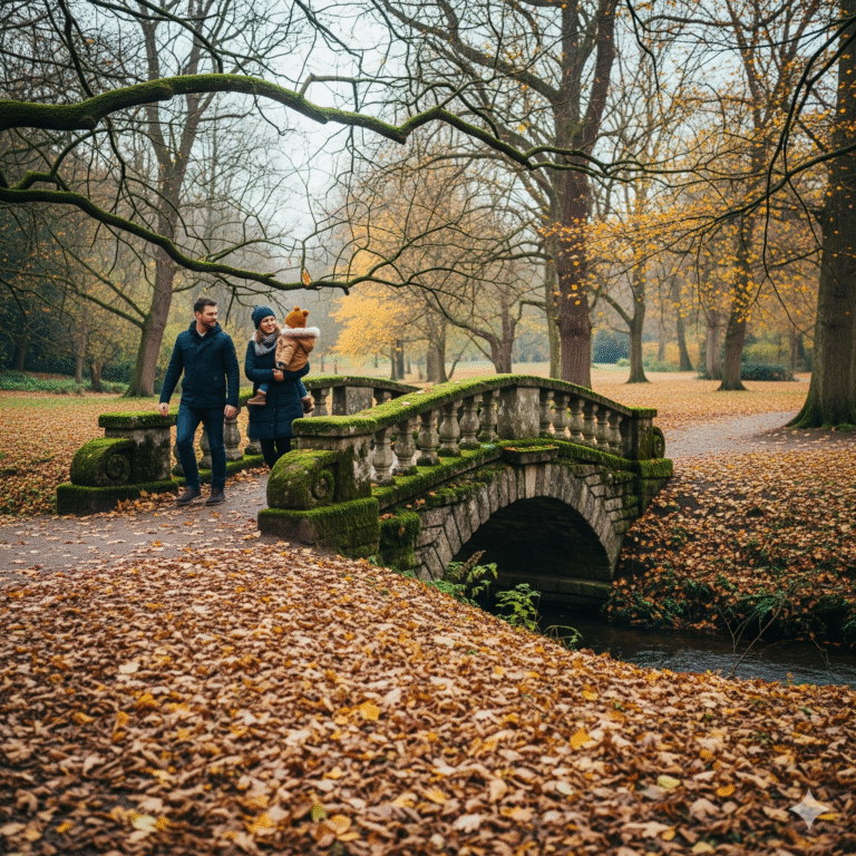 Rodzina z małym dzieckiem na spacerze w parku w Żelazowej Woli jesienią
