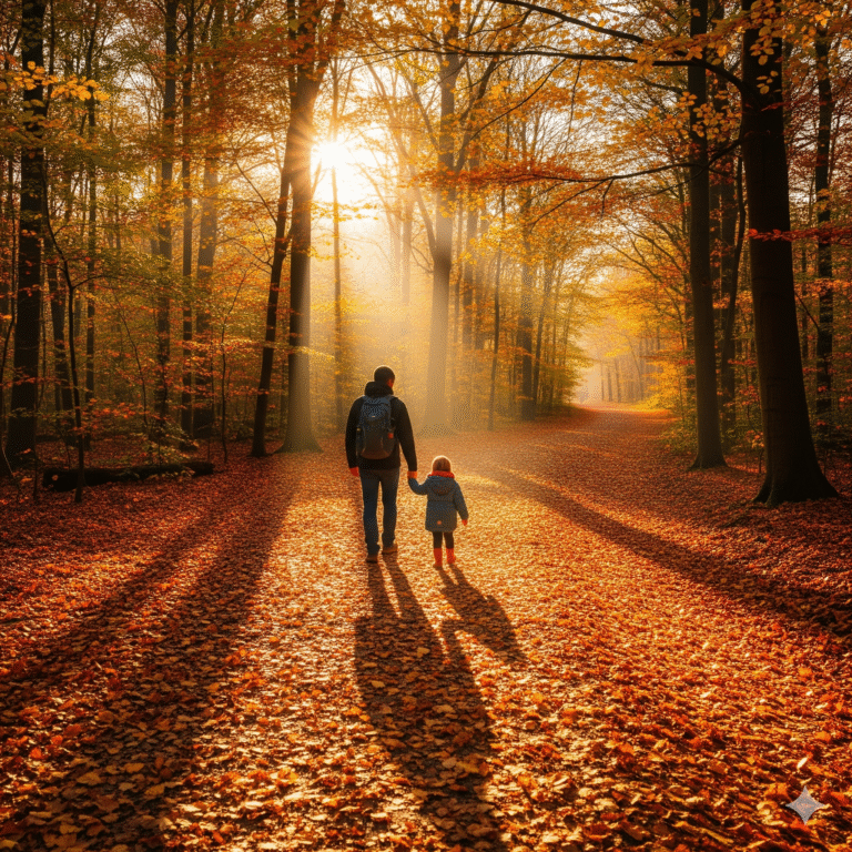 Rodzic i dziecko trzymający się za ręce na ścieżce w jesiennym lesie.