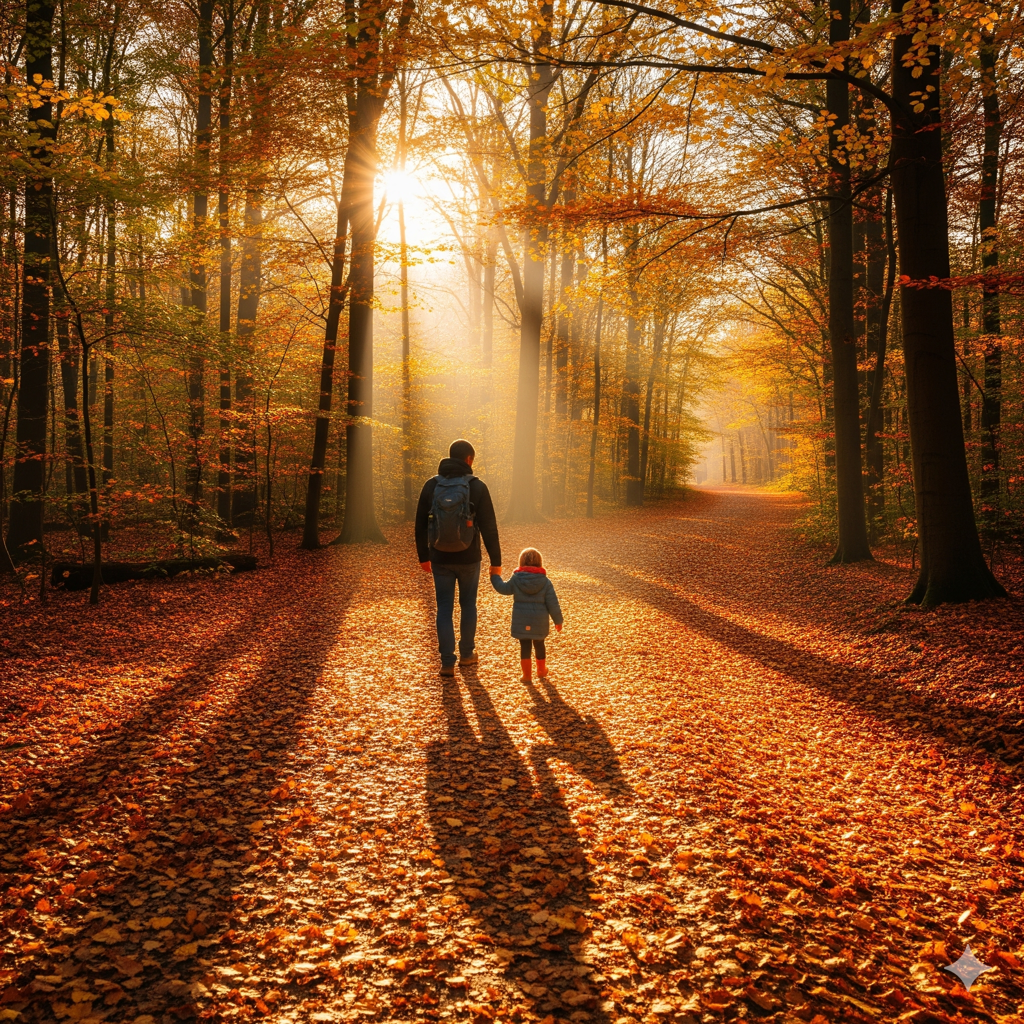 Rodzic i dziecko trzymający się za ręce na ścieżce w jesiennym lesie.