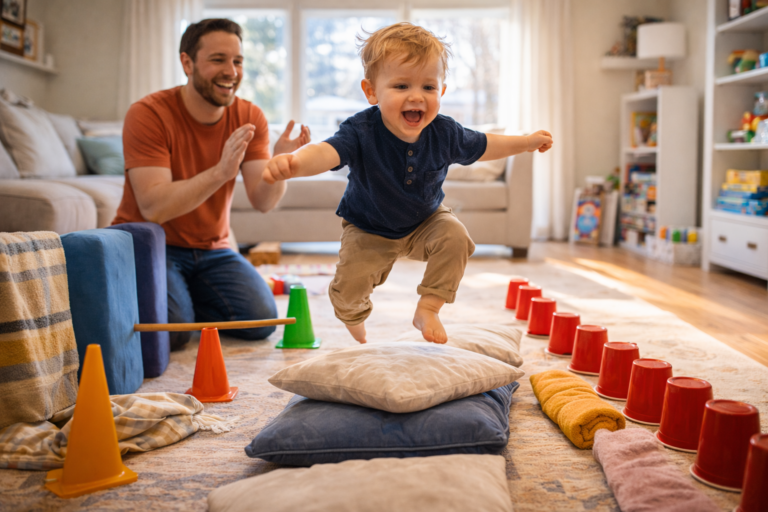 Zimowa nuda? 7 zabaw ruchowych w domu dla 2-latka (bez demolowania mieszkania!)